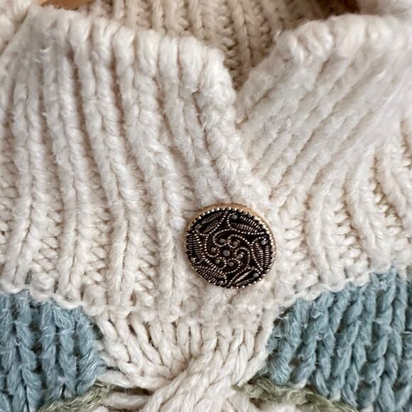 Vtg Hand Knit Chevron Sweater Cream Pastel Y2K Cable Knit Button Collar Grandma - Picture 2 of 9